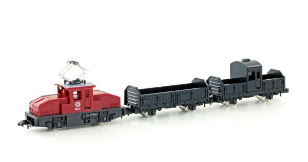 KATO E-Lok Set 3tlg. Güterzug mit zwei offenen Wagen 3tlg. Güterzug Set aus der Serie "Pocket Line" mit Typ E69 E-Lok und zwei offenen Güterwagen für Nebenbahn. - 5-Pol Motor - Beweglicher Panthograph - Radius 1 - LüP: 184mm